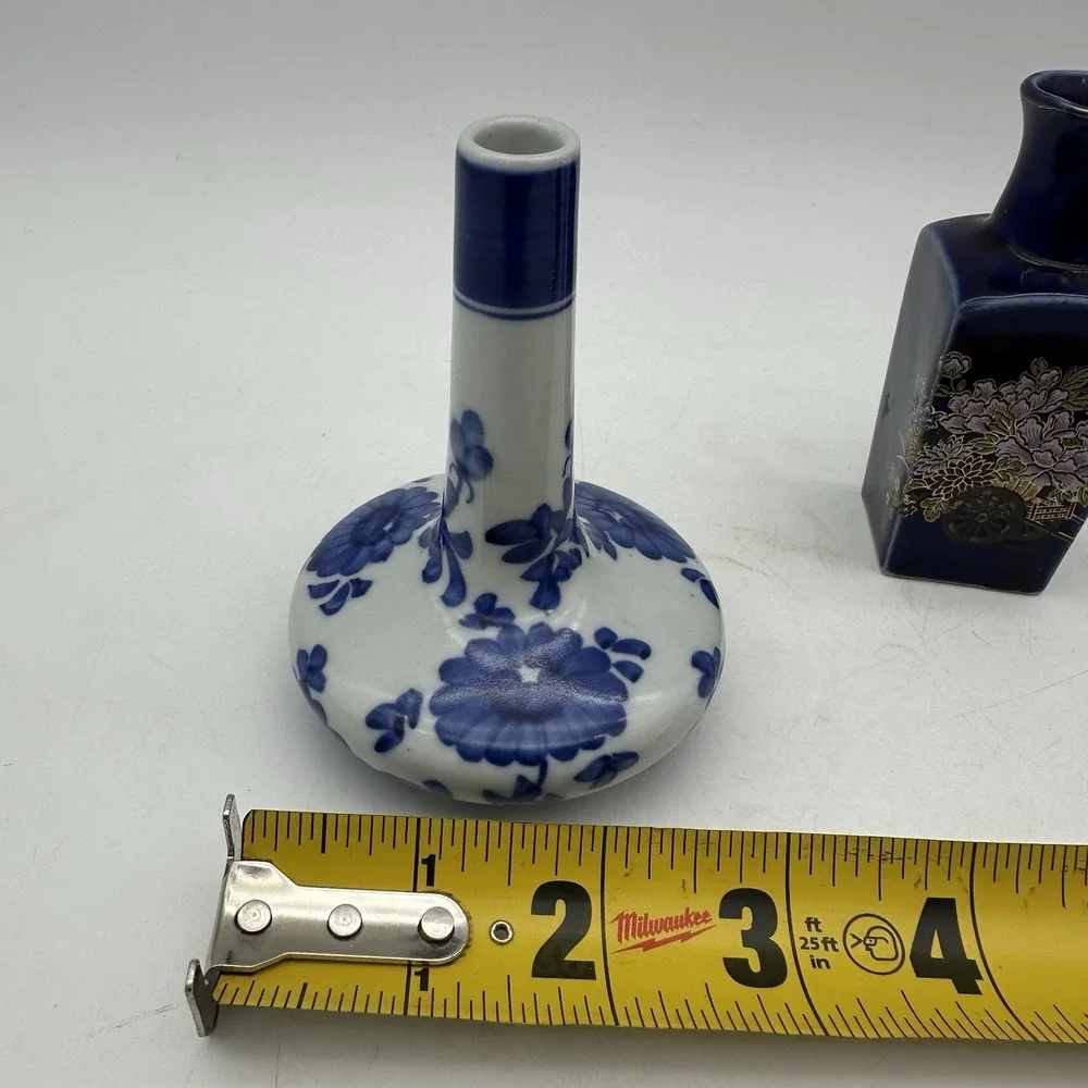 Vintage Lot Of 3 Miniature Porcelain Blue And White Vases 2-4